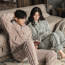 The same language autumn and winter new couple pajamas coral velvet thickened warm suit men and women spring and autumn cardigan home clothes