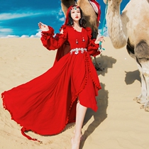 Exotic Peoples Shock Blockbuster Brigades Clap Red Large Pendulum Irregular Long Dress Desert dress Qinghai Tibet Tourism