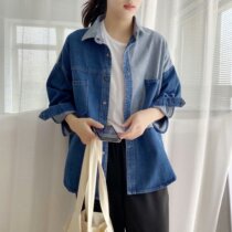 Denim shirt female spring and autumn 2021 New Korean version of retro Hong Kong flavor loose stitching color coat long sleeve top women