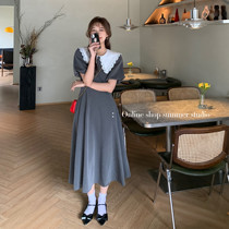 Summer home retro bubble sleeves lace dolls collar collection waist French style long dresses West charge grey one-piece dress