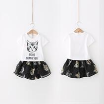 Fashion cat parent-child summer short sleeve T skirt two-piece summer childrens skirt suit Little princess T skirt 2-piece set