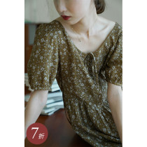 (French Country series)2021 Summer country style printed semi-round neck salt shrink dress