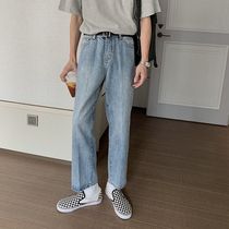Hualun summer thin light jeans mens loose straight pants ins tide cropped pants 2021 summer pants