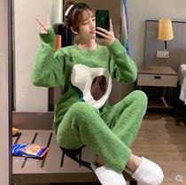 South Koreas new thick warm pajamas womens winter avocado coral velvet home suit can be worn outside