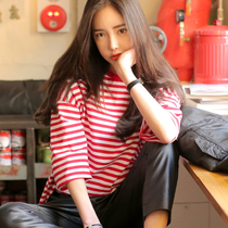 Loose seven-point sleeve red pinstripe T-shirt female student Korean round neck short sleeve womens summer 2021 New