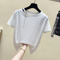 South Korea 2020 spring and summer new printed T-shirt female Korean version loose short sleeve sexy dew lock bone machine half sleeve blouse