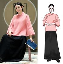 Buddha Xiaoyuan Tang suit womens Chinese style womens improvement Hanfu autumn and winter literary tea suit Chinese style buckle top