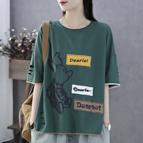 Han suoyi literary retro summer new cloth embroidered flower round collar terry cotton T-shirt womens short sleeve loose top