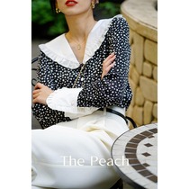 MICHELLYMO French vintage idyllic doll collar pearl button black and white floral top shirt shirt dress