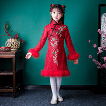 Girls Chinese style improved long sleeves cheongsam New year clothes children thick Foreign style Tang dress New Year Winter
