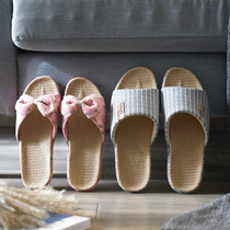 Linen slippers female deodorant home bow non-slip indoor rattan weaving mens winter four seasons hemp bottom comfortable office