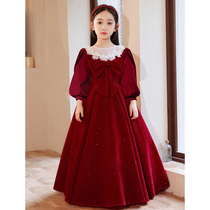 Girls high-end dress red flower girl princess dress foreign girl child host piano performance clothing autumn and winter