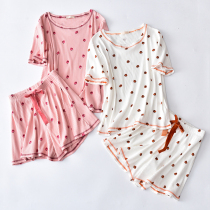 Pure cotton pajamas womens summer casual short-sleeved shorts cotton pit strip strawberry printing home service suit