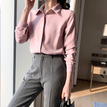 JACOOBS pink brushed shirt womens autumn and winter wild design niche top retro Hong Kong flavor