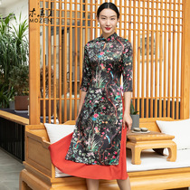 Mu Zhenli improved Mulberry silk cheongsam long new printing three-point sleeve Odai silk dress 921