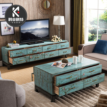 American TV cabinet coffee table combination solid wood painted small apartment new Chinese retro set living room furniture floor cabinet section
