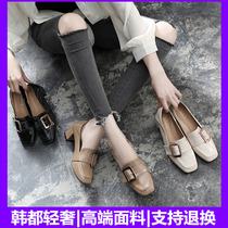 Small Leather Shoes Woman 2021 Spring Autumn Season New Lefu Shoes Fairy Wind Roughshod Heel High Heels Genuine Leather 100 Lap Grandma Single Shoes