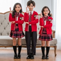  Primary school school uniform red sweater suit Autumn childrens class suit British college style kindergarten garden suit three-piece suit