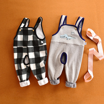 Baby plus velvet strap pants warm in autumn and winter 1 baby baby open crotch bottoming pants jumpsuit suspenders 3 years old