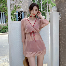 ins wind swimsuit Female sense fairy Fan thin cover belly gathered fungus edge tide student split blouse bikini