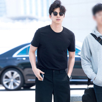 Mens short sleeve T-shirt street shooting stars the same pure color round collar bottom-shirt Black Summer Korean version pure cotton half sleeve blouse