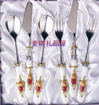 South Korea Imported Cutlery Royal Rose Ceramic Stainless Steel Western Meal Dessert Coffee Spoon Butter Knife Fruit Fork 6P