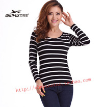 Wanbang Fox new womens thick black striped long-sleeved T-shirt modal cotton round neck slim bottoming shirt WS31013