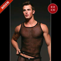 Summer mesh vest mens youth tight underwear transparent sexy round neck hurdles shoulder Korean version of slim body nightclub