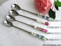 Korean ceramic handle Stainless steel long ice spoon Long coffee spoon Stirring spoon Long dessert spoon