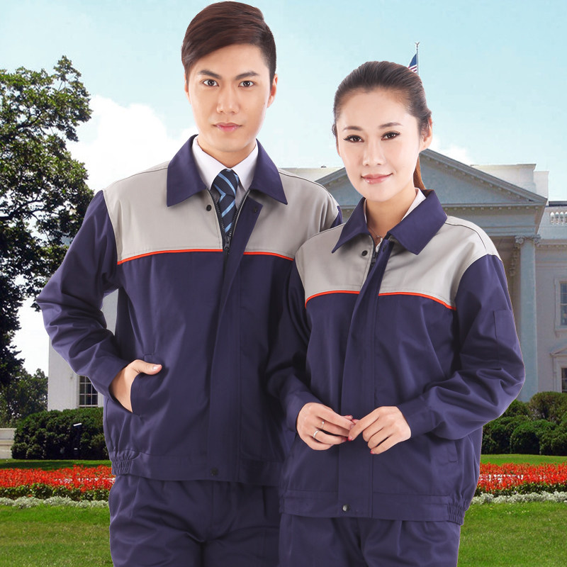 Deep blue double color long sleeve polyester cotton men and womens work uniform machine construction labor insurance auto repair factory workshop set