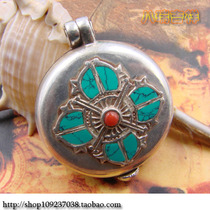 Nepal 925 sterling silver garu box handmade turquoise inlaid five-strand Doji garu box amulet hanging