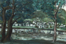 Emblem Architectural Buface Scenic Oil Painting Painting of the production works Xiaohe small tree oil painting Write raw for tea bar Decorative Painting