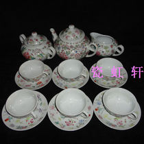Jingdezhen Cultural Revolution Porcelain Factory goods ceramic pastel hand-painted white ground miscellaneous flowers 15 heads coffee set Tea set bag old