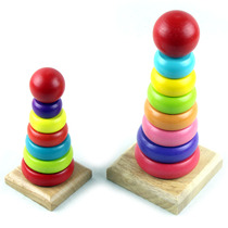 Wooden puzzle rainbow tower stacked music baby colorful layer ring toy large wooden tower baby