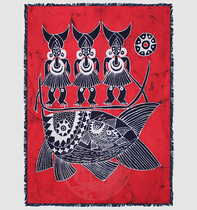 Batik single-layer fabric decorative painting Mural decorative painting Red bottom three fishing Size:67×83cm