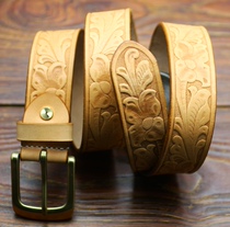 Imported tanning leather top layer cowhide hand custom belt leather carving West Tang grass pattern brass buckle thick skin