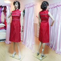 Wine red embroidered improved cheongsam performance dress