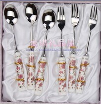 Korea Imported Cutlery Bone porcelain handle stainless steel 24k Phnom Penh Fugui flower coffee spoon sweet fruit fork 6P gift box