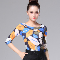 Summer Latin dance clothing female adult mid-sleeved top new practice dance clothing performance modern dance top printing