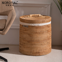  American retro oversized dirty clothes basket Handmade rattan woven covered interlining storage bucket Household toy storage basket