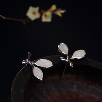 Original S925 sterling silver natural Hetian jade leaf earrings retro personality fresh simple versatile female ear jewelry