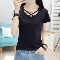 South Korea 2021 summer V-neck cotton cotton short-sleeved T-shirt womens simple loose thin body-fitting base shirt tide