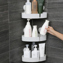 Shelf in bathroom rack with shampoo and shower gel toilet wall storage room toiletries