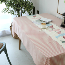 Pink Plaid hipster Korean embroidered bird sailing cartoon table cloth tea table cloth childrens desk cover