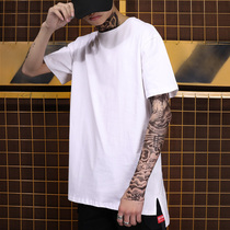 National tide mens medium long hem slit short-sleeved T-shirt Hip-hop skateboard loose half sleeve middle sleeve solid color base shirt