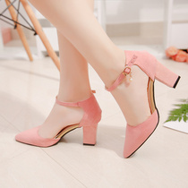 2021 summer new one-button high heels thick heel pointed Korean hollow sandals womens suede shallow work shoes