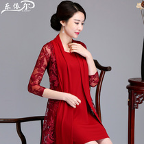Spring and summer mother dress Tang dress Cheongsam two-piece set improved fashion middle sleeve wedding Cheongsam shawl jacket embroidery large size