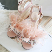 HChen Korea handmade custom luxurious feather rumble with inlaid drilling feet ring cow leather dew toenails high heel sandal