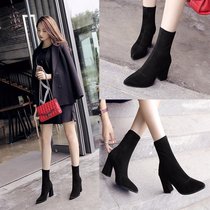  2021 spring and autumn new pointy black stretch boots European and American thick high-heeled womens shoes short boots mid-tube knight boots mid-heel