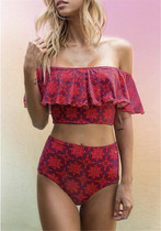 2018 New European and American cute double ruffled swimsuit women print shoulder high waist split body hot spring swimsuit
